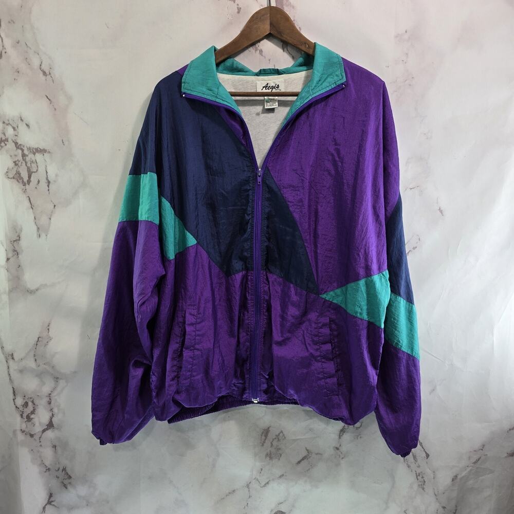 Vintage Windbreaker Jacket Men Medium Turquoise Teal Colorblock 80s 90s Lined